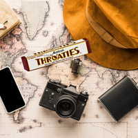 Anticol Throaties package with a camera, phone, and hat on an old world map