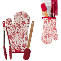 Christmas Baking Set 3pc – Oven Glove, Kitchen Tongs And Spatula – Red White Gingerbread Design (Copy) (Featured Image)