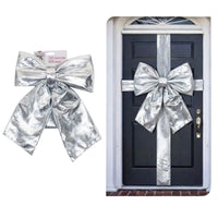 Christmas Door Bow Silver Shiny 33x40cm with Sash – Large Festive Xmas Decoration 1pc (Featured Image)