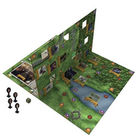 Board game setup with a detailed map and game pieces on a white background