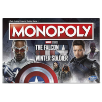 Monopoly game box featuring Marvel's 'The Falcon and the Winter Soldier' characters on a white background.