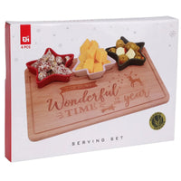 Christmas Bamboo Serving Board Set 4pc – 30 x 22cm Wooden Tray With 3 Festive Star And Tree Bowls