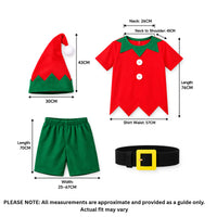 Adult Christmas Elf Costume 4pc Set – Red And Green Fancy Dress Shirt, Shorts, Hat And Belt – One Size