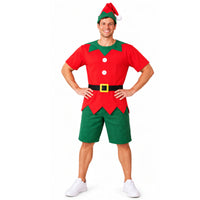 Adult Christmas Elf Costume 4pc Set – Red And Green Fancy Dress Shirt, Shorts, Hat And Belt – One Size