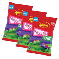 Allens Ripperz Remix 150g bag of individually wrapped apple and grape lollies, ideal for parties, snacking, and sharing, 3 pack