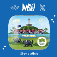 Impact Mints tin with Australia Tasmania design on a blue background