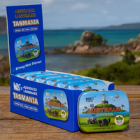 Box of Australia Landmark Tasmania candy with scenic background