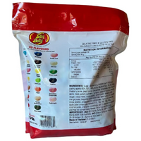 Back view of a Jelly Belly candy bag with flavor chart and nutrition information.