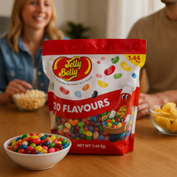 Jelly Belly bag with colorful jelly beans on a table with people in the background
