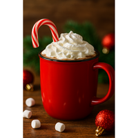 Red mug with hot chocolate, whipped cream, and a candy cane on a wooden surface with Christmas decorations.