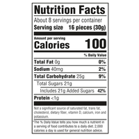 Nutrition facts label for a food product with serving size, calories, and nutritional content details.