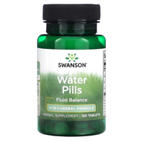 A bottle of Swanson Water Pills, which contains 120 tablets for fluid balance. The label shows the product name and count, and indicates it is a dietary supplement.
