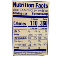 Nutrition facts label for a product with serving size, calories, and nutritional content per box.