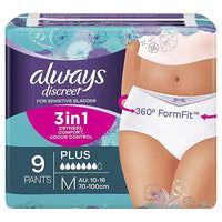 Always Discreet Incontinence Underwear Plus Medium 9 Pack Breathable 3 in 1 Protection
