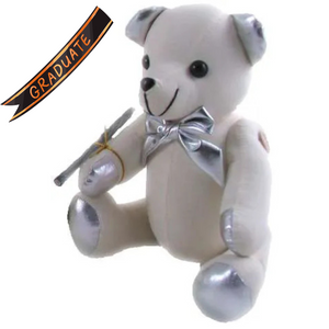 Autograph Teddy Bear 38cm – white plush with silver metallic ears, paws & bow, includes pen for signatures