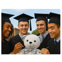 Four graduates in caps and gowns smiling and signing a white teddy bear with a silver bow tie.
