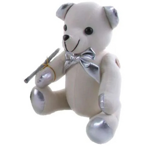 Autograph Teddy Bear 38cm – white plush with silver metallic ears, paws & bow, includes pen for signatures