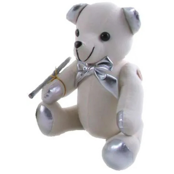 Autograph Teddy Bear 38cm – white plush with silver metallic ears, paws & bow, includes pen for signatures