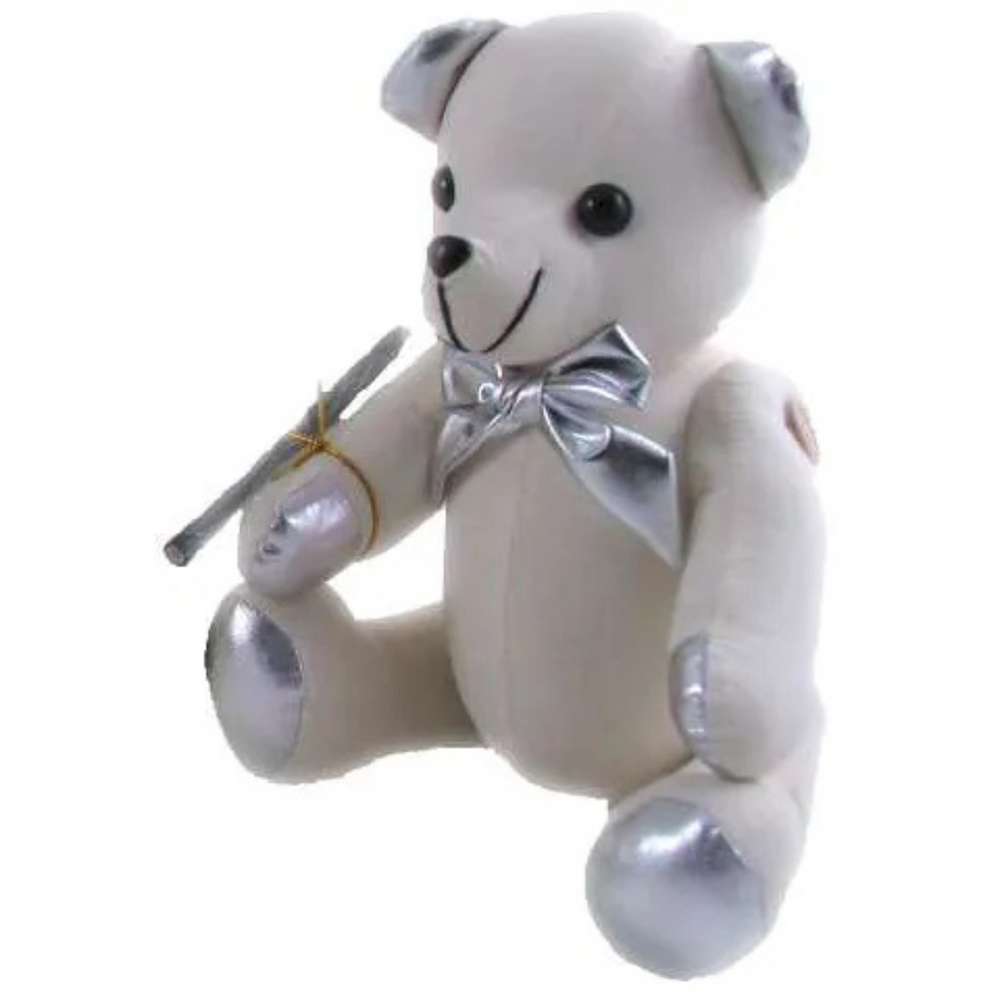 Autograph Teddy Bear 38cm – white plush with silver metallic ears, paws & bow, includes pen for signatures