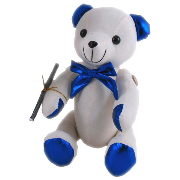 Autograph Teddy Bear 38cm – white plush jointed toy with blue metallic accents and pen for signatures