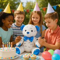 Children at a birthday party with a teddy bear and cake.
