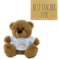 Brown teddy bear wearing a white shirt with 'You are the best teacher' text, on a white background.
