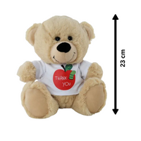 Beige teddy bear wearing a white shirt with a red apple graphic and 'Thank You' text, with a measurement label indicating its height.