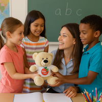 Teacher holding a teddy bear with children in a classroom setting
