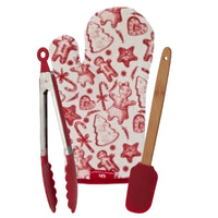 Christmas Baking Set 3pc – Oven Glove, Kitchen Tongs And Spatula – Red White Gingerbread Design (Copy)
