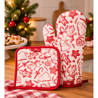 Christmas Cotton Oven Glove And Pot Holder Set 2pc – Red White Gingerbread Festive Kitchen Accessories

