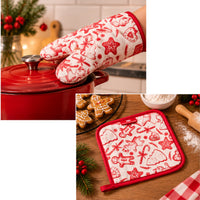 Christmas Cotton Oven Glove And Pot Holder Set 2pc – Red White Gingerbread Festive Kitchen Accessories
