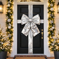 Christmas Door Bow Silver Shiny 33x40cm with Sash – Large Festive Xmas Decoration 1pc
