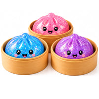 Glitter Dumpling 8.5cm Squishy Toys – 3 Pack Assorted Random Colours In Containers (Featured Image)
