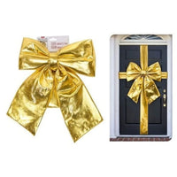 Christmas Door Bow Gold Shiny 33x40cm with Sash – Large Festive Xmas Decoration 1pc (Featured Image)
