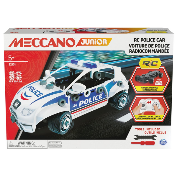 Meccano Junior RC Police Car building kit with tools and controller STEM toy ages 5 plus
