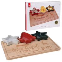 Christmas Bamboo Serving Board Set 4pc – 30 x 22cm Wooden Tray With 3 Festive Star And Tree Bowls (Featured Image)

