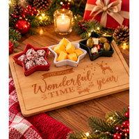 Christmas Bamboo Serving Board Set 4pc – 30 x 22cm Wooden Tray With 3 Festive Star And Tree Bowls

