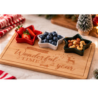 Christmas Bamboo Serving Board Set 4pc – 30 x 22cm Wooden Tray With 3 Festive Star And Tree Bowls
