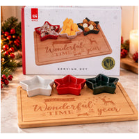Christmas Bamboo Serving Board Set 4pc – 30 x 22cm Wooden Tray With 3 Festive Star And Tree Bowls
