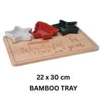 Christmas Bamboo Serving Board Set 4pc – 30 x 22cm Wooden Tray With 3 Festive Star And Tree Bowls

