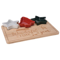 Christmas Bamboo Serving Board Set 4pc – 30 x 22cm Wooden Tray With 3 Festive Star And Tree Bowls
