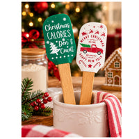 Christmas Silicone Spatula Set 2pc – Green And White Festive X'Mas Baking Utensils With Wooden Handles
