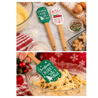 Christmas Silicone Spatula Set 2pc – Green And White Festive X'Mas Baking Utensils With Wooden Handles
