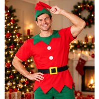 Adult Christmas Elf Costume 4pc Set – Red And Green Fancy Dress Shirt, Shorts, Hat And Belt – One Size
