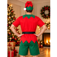 Adult Christmas Elf Costume 4pc Set – Red And Green Fancy Dress Shirt, Shorts, Hat And Belt – One Size
