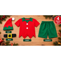 Adult Christmas Elf Costume 4pc Set – Red And Green Fancy Dress Shirt, Shorts, Hat And Belt – One Size
