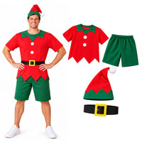 Adult Christmas Elf Costume 4pc Set – Red And Green Fancy Dress Shirt, Shorts, Hat And Belt – One Size (Featured Image)
