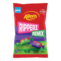 Allens Ripperz Remix 150g bag of individually wrapped apple and grape lollies, ideal for parties, snacking, and sharing
