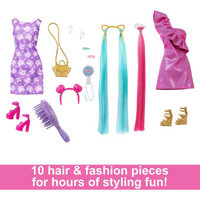 Barbie Fancy Hair Doll blonde with long colourful hair and 10 styling accessories ages 3 plus
