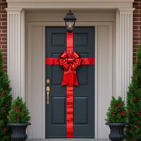 Red metallic door bow with long ribbon for holiday decoration